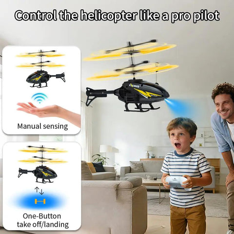 Child playing with three pack gesture sensing RC toys for kids, indoor flying helicopter with lights, dad smiling nearby