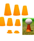 High Performance Golf Simulator Tees 8 Piece Set Ultra Lightweight Durable Tees in various sizes, shown with golf ball on tee.
