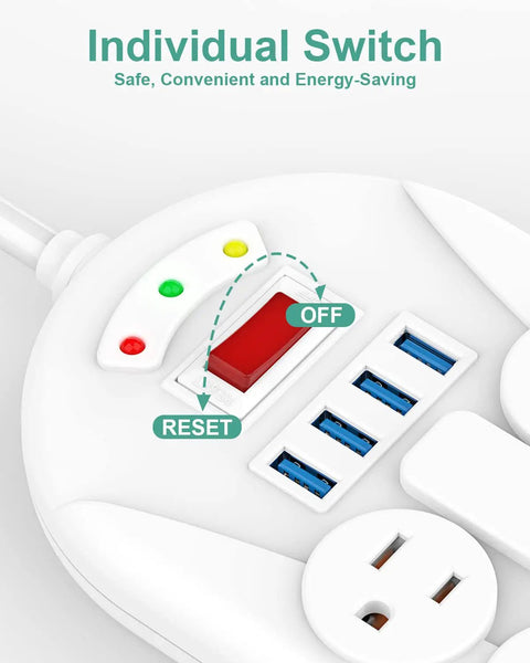 Close-up of 14 Outlet Power Strip With USB Ports, 6ft Heavy Duty Cord showing individual switch and USB slots