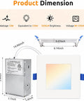 Product dimensions of HONZIN 6 Pack 6 Inch Square LED Recessed Lighting, 5CCT, 13W, Dimmable with labeled measurements.