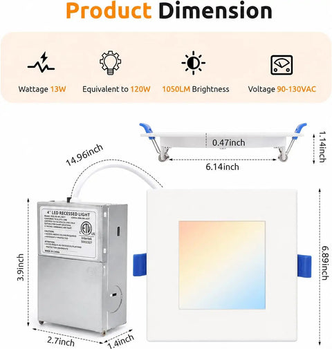 Product dimensions of HONZIN 6 Pack 6 Inch Square LED Recessed Lighting, 5CCT, 13W, Dimmable with labeled measurements.
