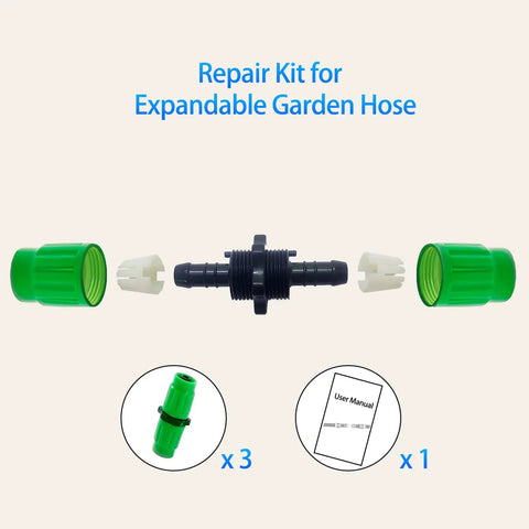 Expandable Garden Hose Repair Kit With Quick Fix Guide That Saves You Cash Dual Channel Female And Male Connectors Green shown