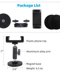Product package of Magnetic Phone Holder Mount With 360 Degree Dual Ballhead And N52 Magnet Base showing components and dimensions.