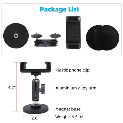 Product package of Magnetic Phone Holder Mount With 360 Degree Dual Ballhead And N52 Magnet Base showing components and dimensions.