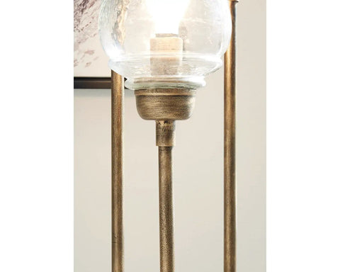 Close-up of Emmie Traditional Floor Lamp With Adjustable Heights, Three Glass Shades, Antique Gold Finish in detail view.