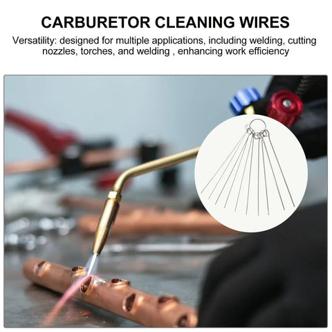Six Piece Stainless Steel Welding Tip Cleaning Needles Set, 4.13 Inch Fine Precision Nozzle Cleaners near a torch on a workbench