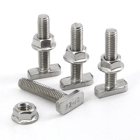 Workhorse M8 X30mm T Slot Drop In Bolt Set With 304 Stainless Steel T Shaped Screws And Hexagon Flange Nuts For Aluminum Extrusion And Solar Panel Mounting Systems Built Tough, showcasing hex flange nuts and T shaped screws.