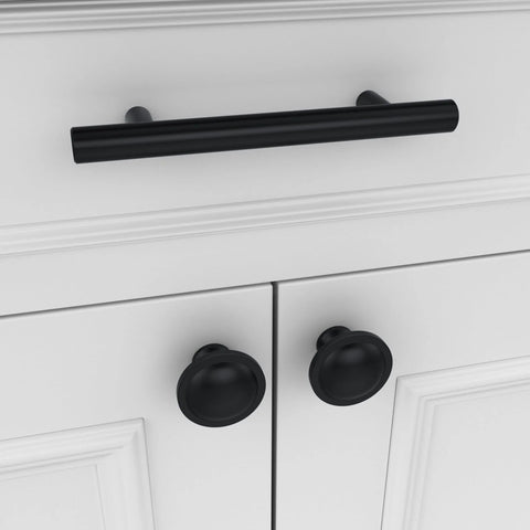 Cabinet with 10 Pack Black Round Mushroom Cabinet Knobs For Dresser And Drawer 1.5 Inch Diameter, includes two screw lengths.
