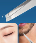 Eyebrow Tweezers Set For Precision Hair Removal And Facial Grooming Stainless Steel Pro Grade Rust Resistant Easy Grip in use on brows and chin.