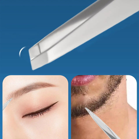 Eyebrow Tweezers Set For Precision Hair Removal And Facial Grooming Stainless Steel Pro Grade Rust Resistant Easy Grip in use on brows and chin.