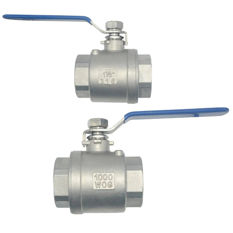 Two Pack Pro Grade 316 Stainless Steel 1.5 Inch Full Port Ball Valve With Heavy Duty Blue Vinyl Insulated Handle NPT Female To Female Threads 1000 WOG