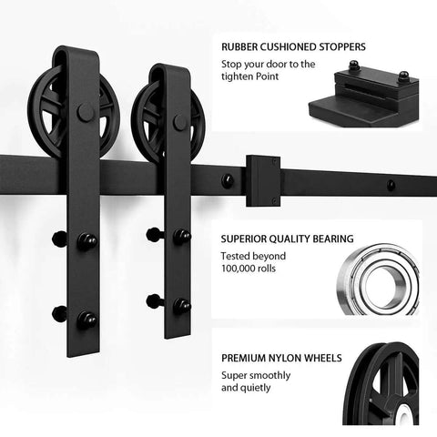Heavy Duty Seven Point Five Foot Sliding Barn Door Hardware Kit Black With Industrial Bigwheel Hangers for 42 to 45 inches doors