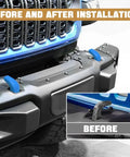 Front Bumper Tow Hook Covers For Wrangler JK JL Gladiator TJ 2007-2024, 2Pcs Blue Rubber Protectors installed on vehicle.