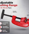 Versatile Pipe Cutter For One Eighth To Two Inch Tubing, Portable Tube Cutting Tool For Plumbing And DIY Projects, Handy, Compact, Lightweight And Easy To Use, Delivers Clean Cuts. Adjustable pipe cutter for 15-50 mm pipes with threaded adjustment.