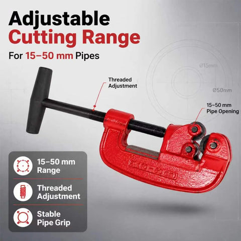 Versatile Pipe Cutter For One Eighth To Two Inch Tubing, Portable Tube Cutting Tool For Plumbing And DIY Projects, Handy, Compact, Lightweight And Easy To Use, Delivers Clean Cuts. Adjustable pipe cutter for 15-50 mm pipes with threaded adjustment.
