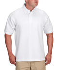 Men Short Sleeve Ice Duty Uniform Polo Shirt With Moisture Wicking Quick Dry Fabric And Concealed Button Down Collar Featuring Mic Clip Slots Plus Pen Pockets For Legit Tactical Gear Built Straight Up Solid Through Long Rough Shifts in white worn by a man.