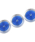 3 Pack Round Bubble Level 32mm for acrylic for spirit Gauge for Precision, showing three clear levels with blue liquid.