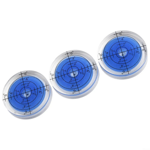 3 Pack Round Bubble Level 32mm for acrylic for spirit Gauge for Precision, showing three clear levels with blue liquid.