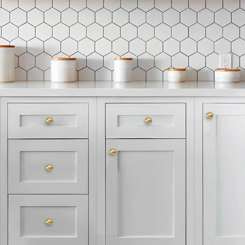 20 Pack Brushed Brass Cabinet Knobs Solid Heavy Duty Mushroom Pulls Size For Cabinets Closets Dressers Kitchens And Bathrooms Hardware Upgrade Your Cabinets With Easy Install Dope Look Built To Last, on white kitchen cabinets