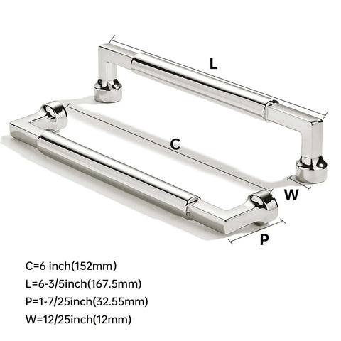 Heavy Duty 10 Pack Six Inch Hole Center Cabinet Pulls Polished Nickel Zinc Alloy Handles dimensions shown