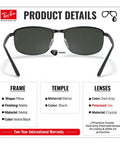 RB3671CH Square Round Polarized Sunglasses For Men And Women With Dark Gray Lenses, matte black metal frame, product details