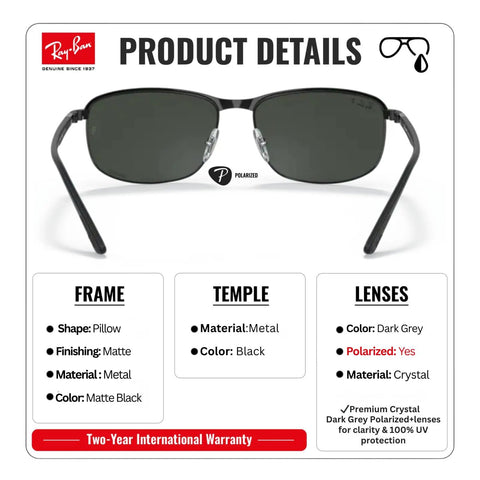 RB3671CH Square Round Polarized Sunglasses For Men And Women With Dark Gray Lenses, matte black metal frame, product details