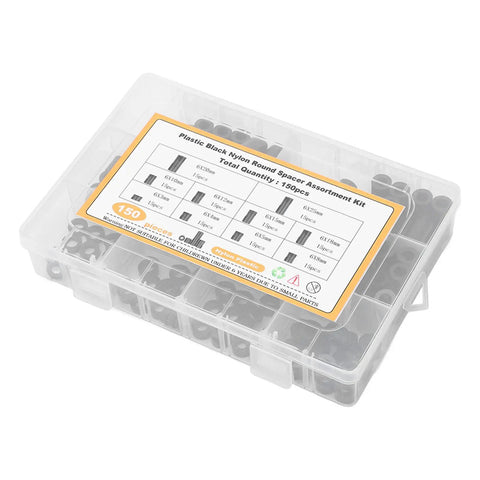 Pro Grade Nylon Spacer Assortment Kit With Heat And Wear Resistance For Electronics And DIY Projects, Lightweight Storage Helpers, Includes Multiple Sizes For Tight, Secure Mounts And Cushioning clear box of black nylon spacers, 150 pieces, assorted sizes
