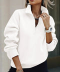 Woman wearing Women Half Zip Oversized Sweatshirt Fleece Hoodie With Plush Lining Cozy Long Sleeve Pullover Top For Fall Travel Y2K Vibe Trendy 2026 Wardrobe Essential White Size M