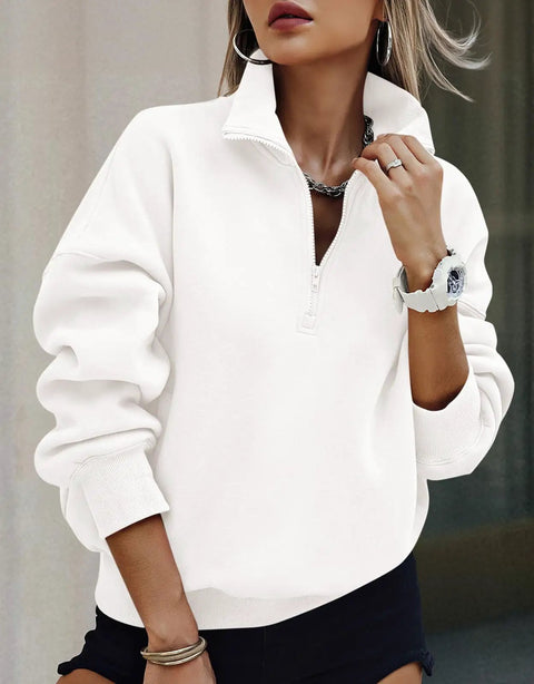 Woman wearing Women Half Zip Oversized Sweatshirt Fleece Hoodie With Plush Lining Cozy Long Sleeve Pullover Top For Fall Travel Y2K Vibe Trendy 2026 Wardrobe Essential White Size M
