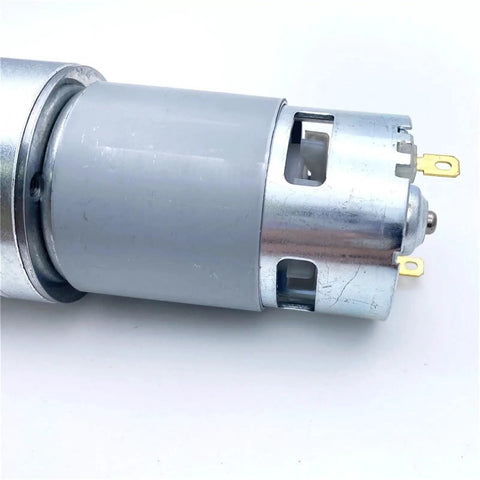 All-Metal DC Gear Motor For DIY Robots And Automation Projects Runs Smoothly On 6V 12V Or 24V Power, showing aluminum casing and wire terminals.