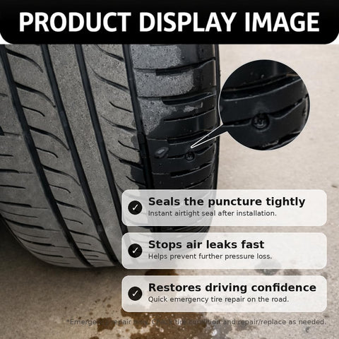 Close-up of tire with rubber screw from 80 Piece Rubber Tire Repair Kit With Screw In Plugs For Quick DIY Tire Puncture Repair On Cars And Motorcycles Spiral Rubber Screws Heat Resistant Tire Fix sealing puncture