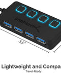 Four Port Powered USB 3.0 Hub With Individual LED Power Switches For Independent On Off Control Supports Up To 5Gbps High Speed Data Transfer Plug And Play Easy Expansion For Desktops Laptops And Notebooks, compact black 4-port hub with LED switches