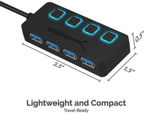 Four Port Powered USB 3.0 Hub With Individual LED Power Switches For Independent On Off Control Supports Up To 5Gbps High Speed Data Transfer Plug And Play Easy Expansion For Desktops Laptops And Notebooks, compact black 4-port hub with LED switches