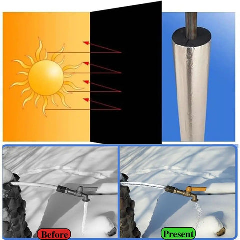 Illustration of Waterproof Pipe Insulation Wrap For Outdoor Use showing thermal barrier effect and before-after installation on pipes.