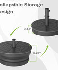 Collapsible storage design of Beefy Heavy Duty Outdoor Umbrella Base Foldable Fillable with dimensions indicated