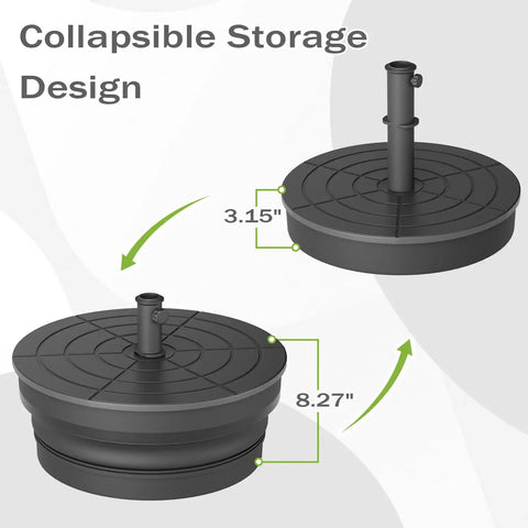 Collapsible storage design of Beefy Heavy Duty Outdoor Umbrella Base Foldable Fillable with dimensions indicated