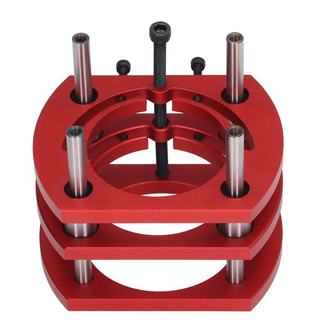 Dead Nuts Accurate Router Lifting Base With Heavy Duty Top Plate For Precision Slotting Trimming And Chamfering showing red aluminum base with adjustable posts.