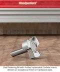 Slab Flattening Router Bit Kit With Replaceable Carbide Inserts That Rotate Spoilboard Surfacing Bit Half Inch Shank Two Inch Cutting Diameter Nano Grain Carbide Inserts Includes Extra Inserts on wood surface