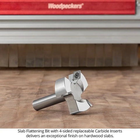 Slab Flattening Router Bit Kit With Replaceable Carbide Inserts That Rotate Spoilboard Surfacing Bit Half Inch Shank Two Inch Cutting Diameter Nano Grain Carbide Inserts Includes Extra Inserts on wood surface
