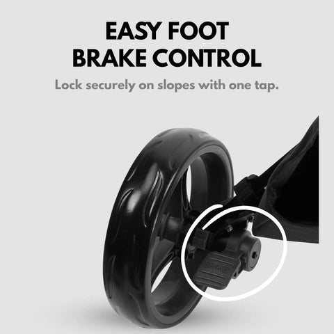 Heavy Duty Three Wheel Golf Push Cart Delivering Dead Steady Control And Foolproof Quick Release Brakes foot brake mechanism close-up.