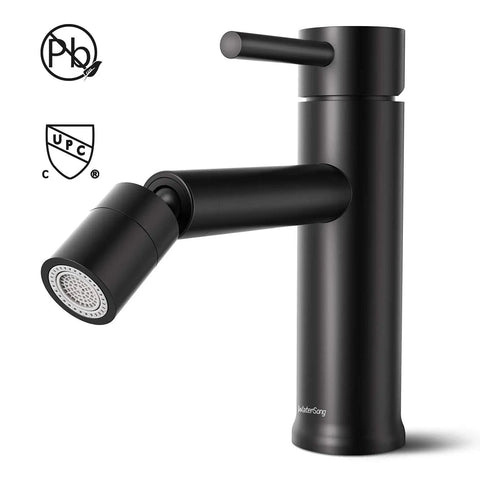 Black 360 Degree Swivel Aerator Bathroom Sink Faucet with Built-In Aerator and 360 Degree Rotation, matte black finish.