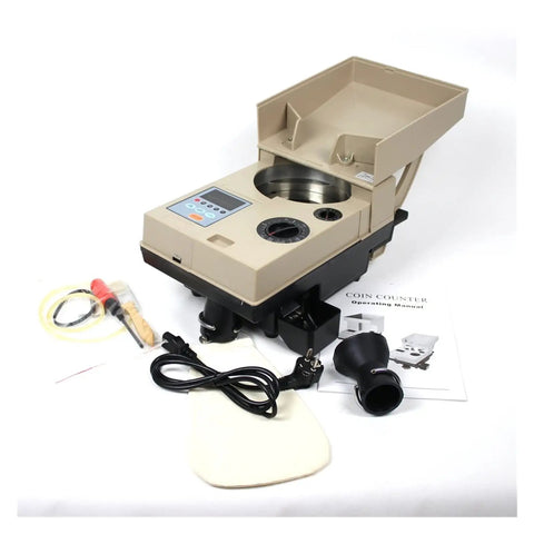 Heavy Duty Automatic Coin Counter Plus Smooth Currency Sorter Machine For Small Biz Hustles with accessories on display.