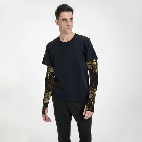 Beat The Blazing Heat With These Premium Cooling Arm Sleeves Featuring A Dope Steampunk Mechanical Bee Gears Print And Solid Thumbhole Grip For UV Blocking Outdoor Workouts on a person wearing a black shirt.