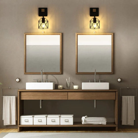 Bathroom with mirrors illuminated by Black Wall Sconce Set With On Off Switch Dimmable Cage Wall Mount Light Fixture Industrial Farmhouse Lighting Pack Of 2 Vintage Cage Shade Lamp For Living Room Or Bedroom