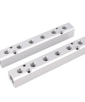 Two Pack Six Way Eight Port Air Compressor Manifold Block With One Quarter Inch NPT Output Ports And One Half Inch NPT Supply Port Heavy Duty Aluminum Alloy Air Distribution Block For Pneumatic Systems, showing pair of aluminum manifold blocks