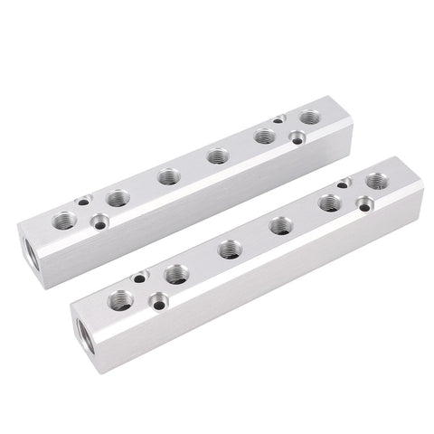 Two Pack Six Way Eight Port Air Compressor Manifold Block With One Quarter Inch NPT Output Ports And One Half Inch NPT Supply Port Heavy Duty Aluminum Alloy Air Distribution Block For Pneumatic Systems, showing pair of aluminum manifold blocks
