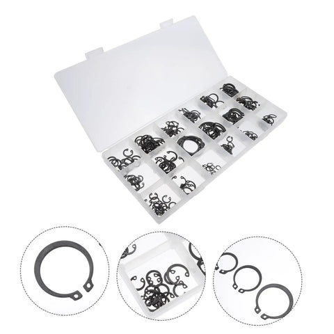 225-Piece Carbon Steel C-Shape Snap Ring Kit With External Retaining Clips For Shafts in organized white container