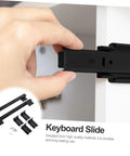 Close-up of heavy duty keyboard slide rail bearing drawer track for under desk storage, all metal, black ball bearing sliders.