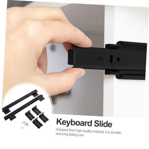 Close-up of heavy duty keyboard slide rail bearing drawer track for under desk storage, all metal, black ball bearing sliders.