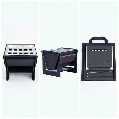Compact Foldable Charcoal Grill For 1 To 2 People, table view showing durable iron steel, portable tabletop BBQ for camping and picnics
